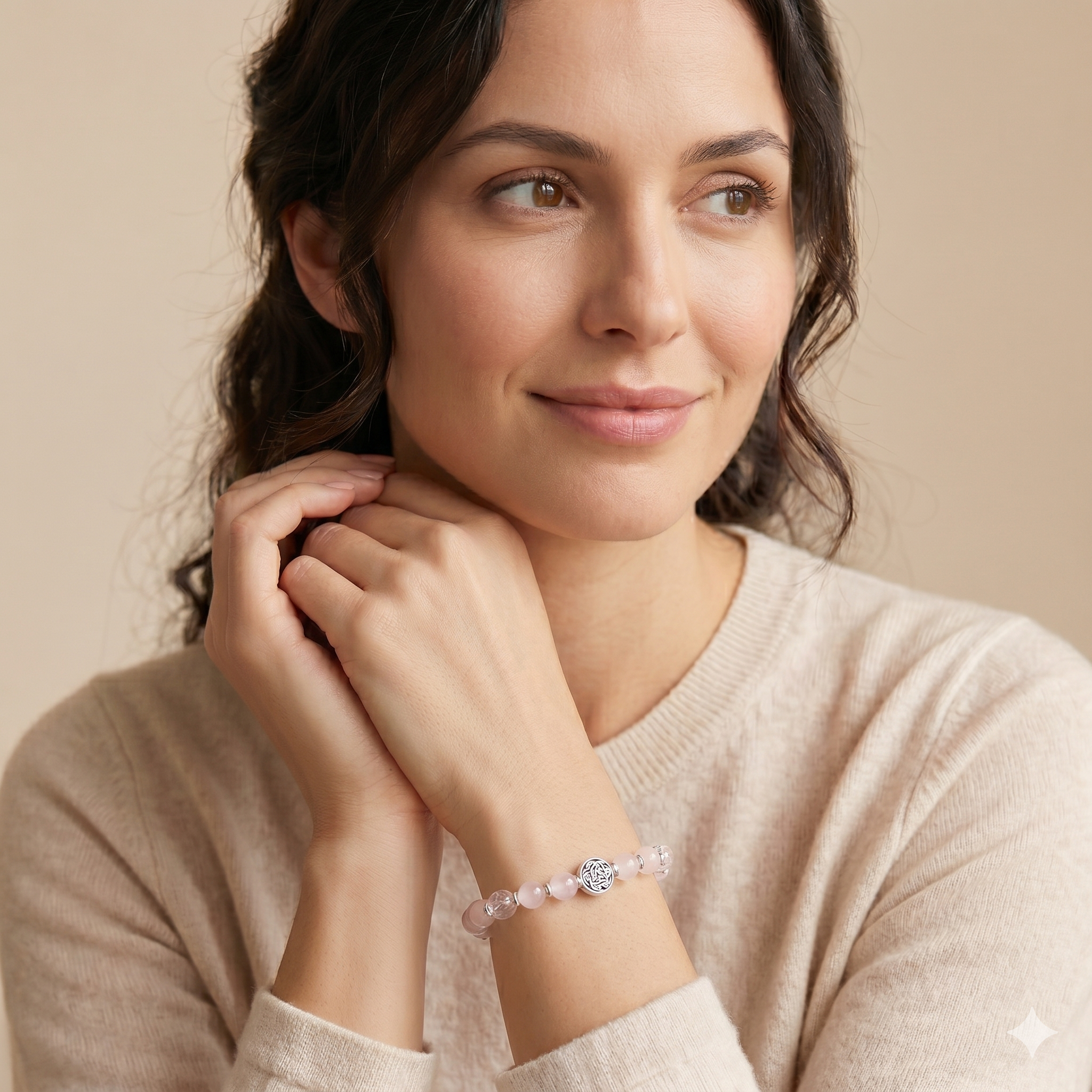 Rosenquarz Armband mit Bergkristall & Liebesknoten | 925 Silber