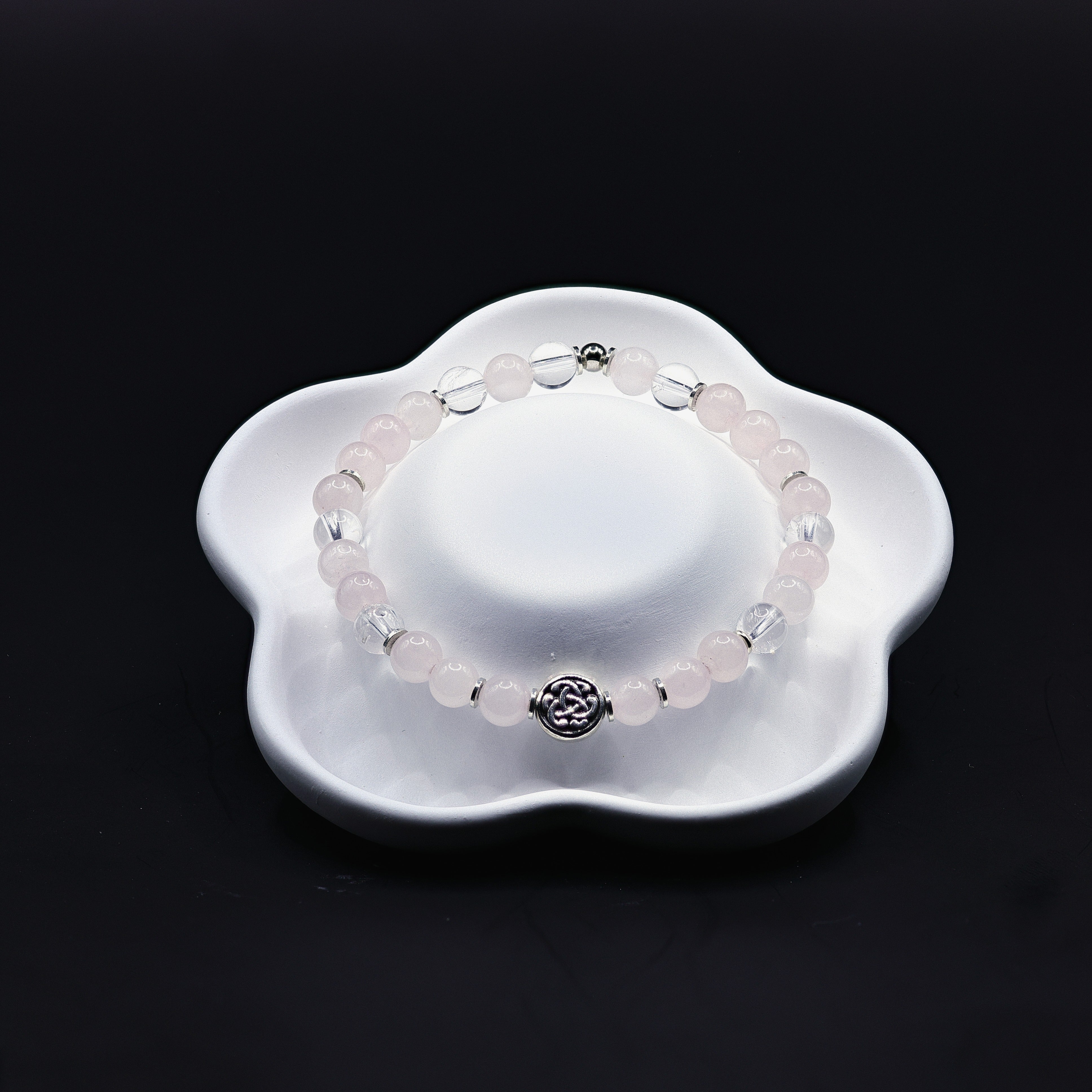 Rosenquarz-Armband mit Bergkristall-Kugeln und keltischem Liebesknoten in 925 Silber