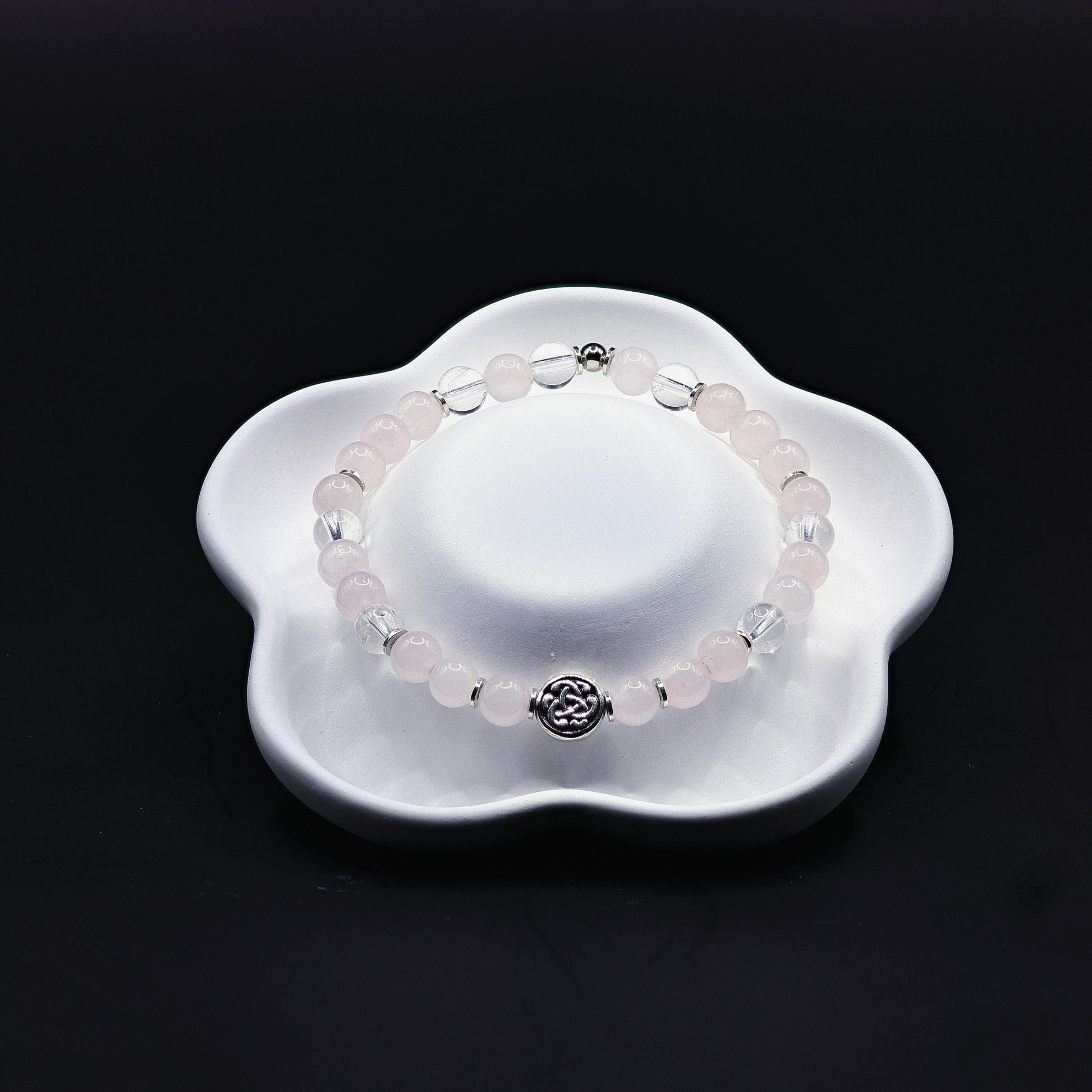 Rosenquarz-Armband mit Bergkristall-Kugeln und keltischem Liebesknoten in 925 Silber