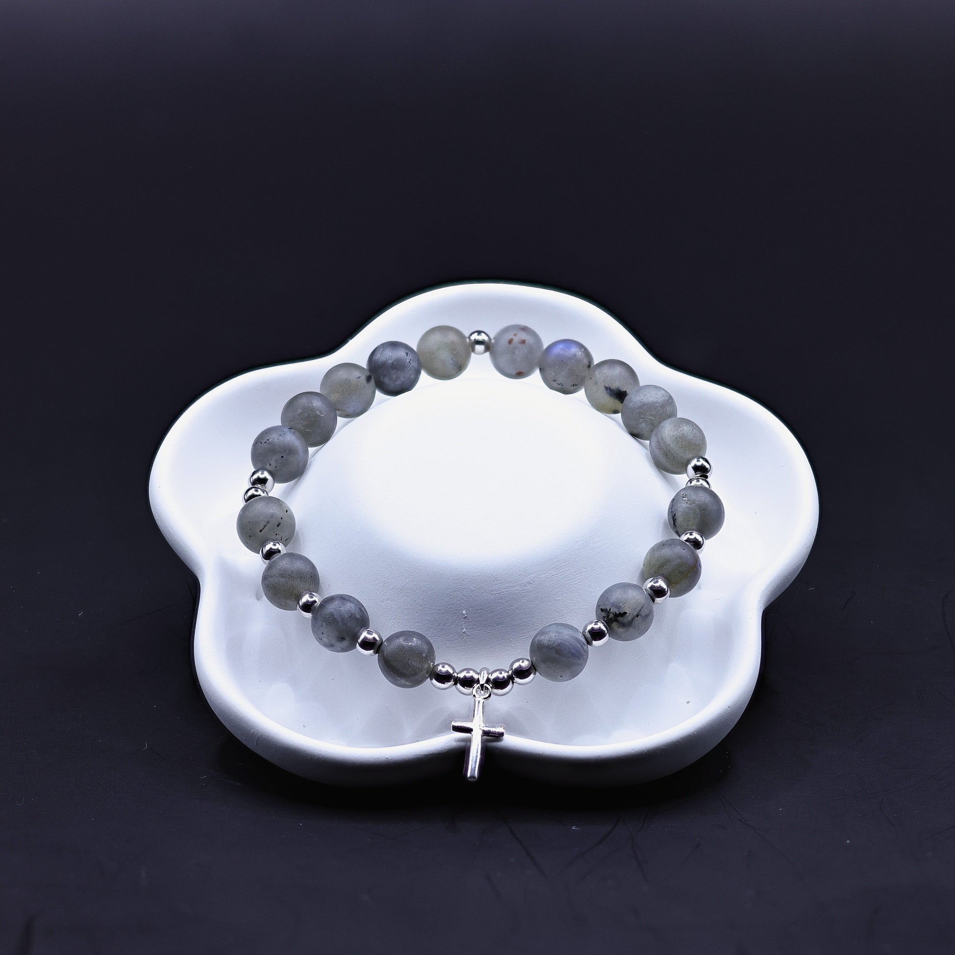 Labradorit-Armband mit Kugelsteinen und 925er Silber-Kreuz-Anhänger in Matt-Optik