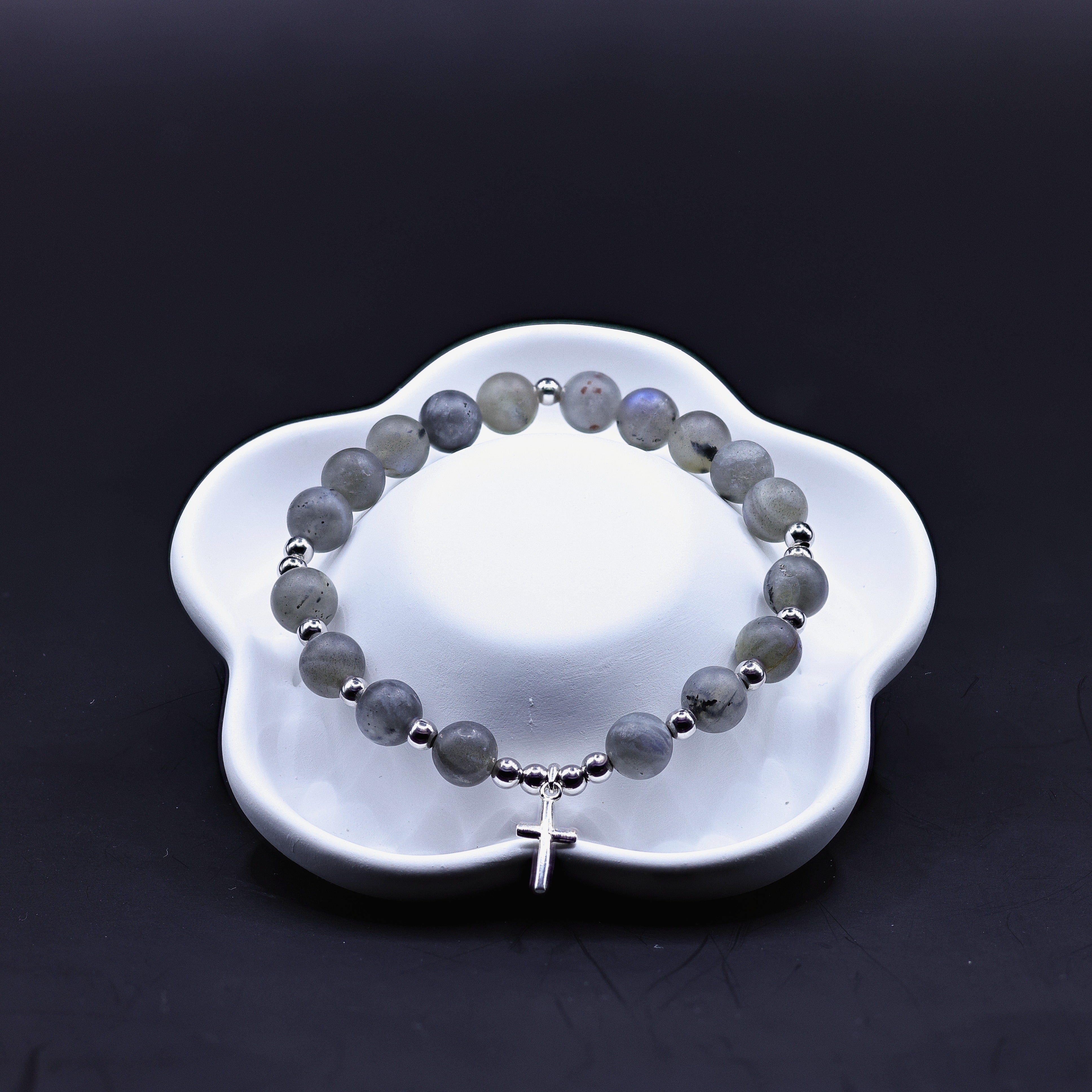 Labradorit-Armband mit Kugelsteinen und 925er Silber-Kreuz-Anhänger in Matt-Optik