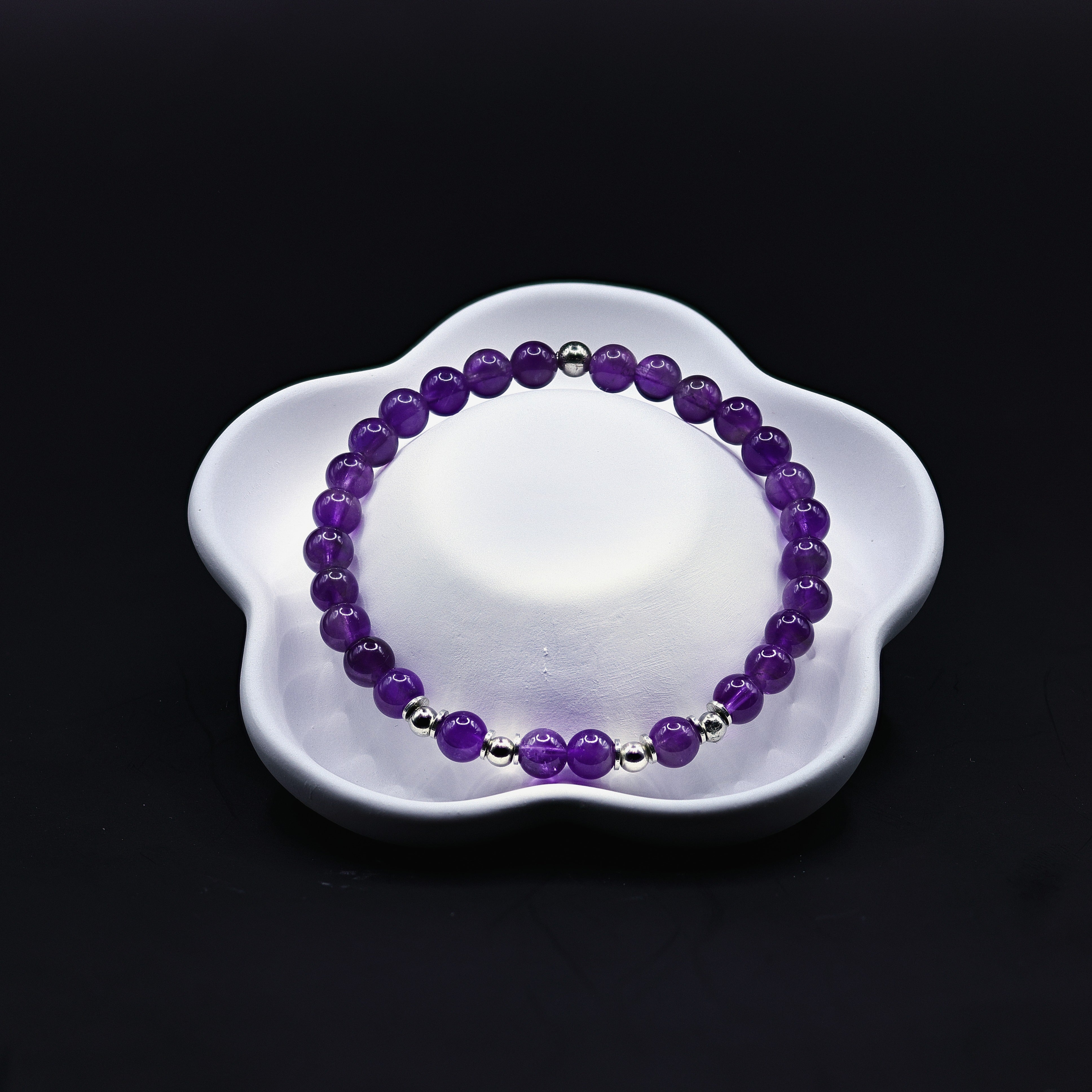 Amethyst-Armband mit violetten Kugeln und Silber-Kügelchen, 925 Sterling Silber