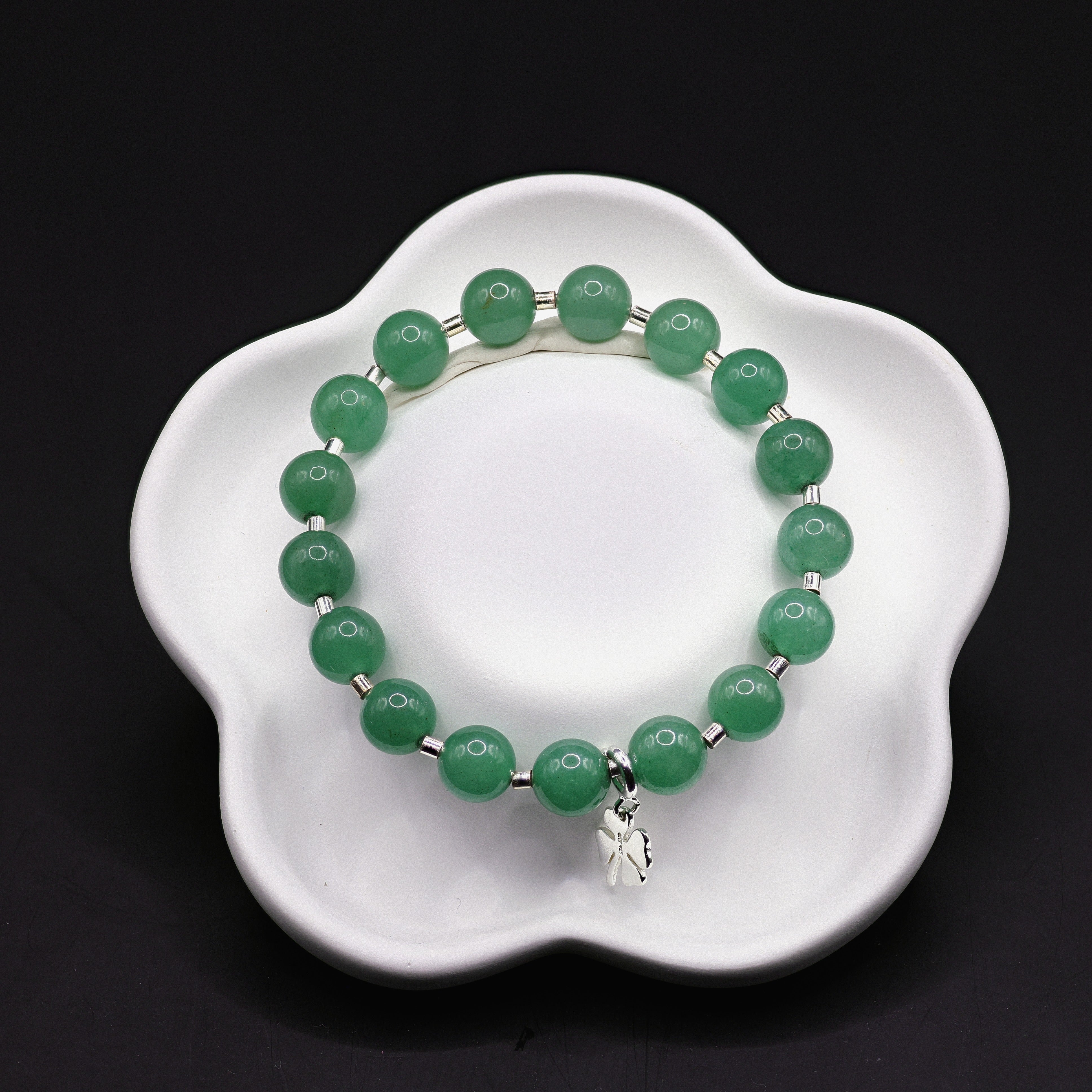 Aventurin-Armband grün mit 8mm-Perlen und Kleeblatt-Charm, 925 Sterling Silber
