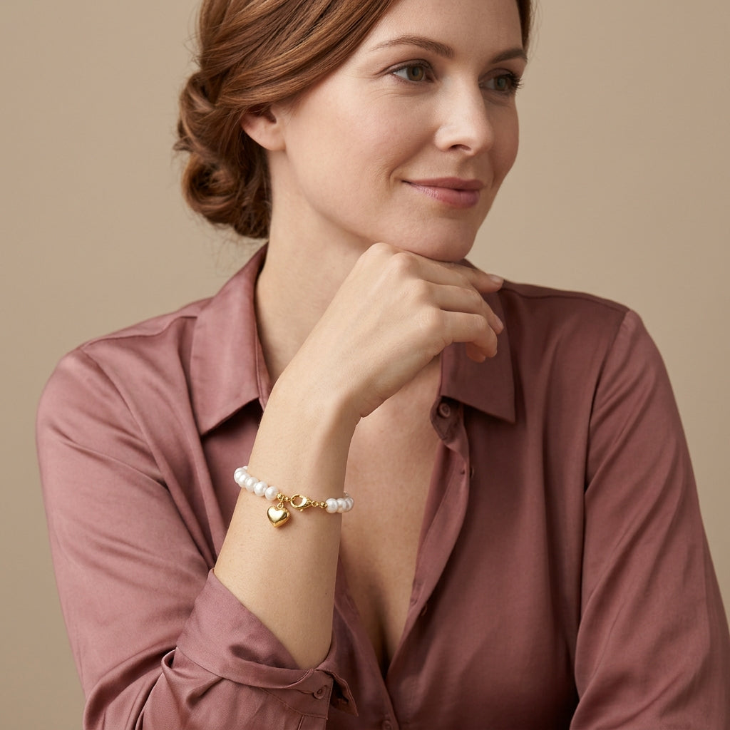 Süsswasserperlen Armband mit Goldherz | Silber vergoldet