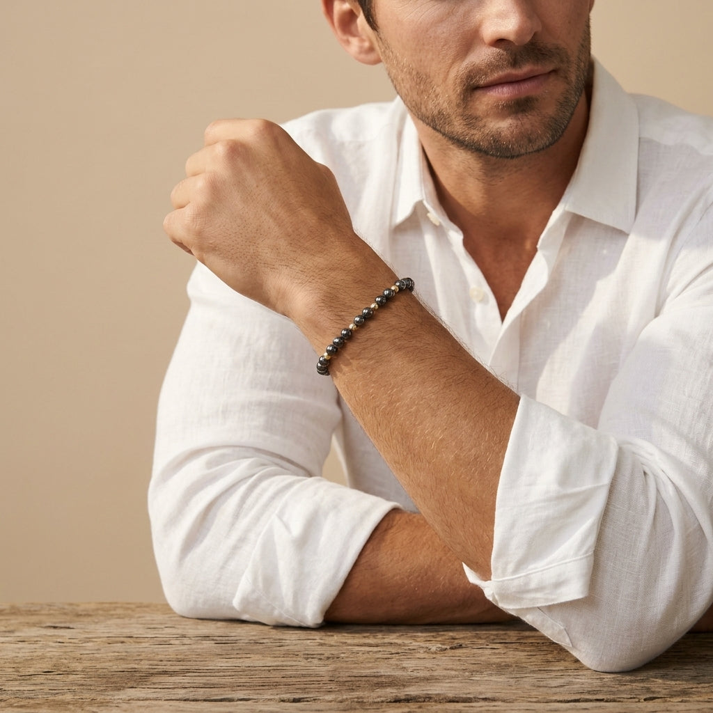 Hämatit Armband Herren mit Goldakzenten | 925 Sterling Silber vergoldet