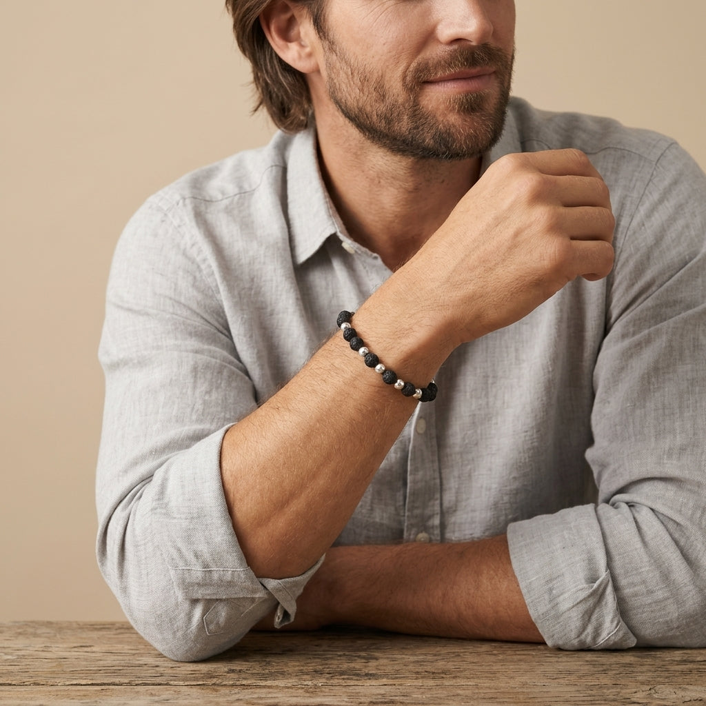 Lavastein Armband Herren mit Silberkugeln | 925 Sterling Silber