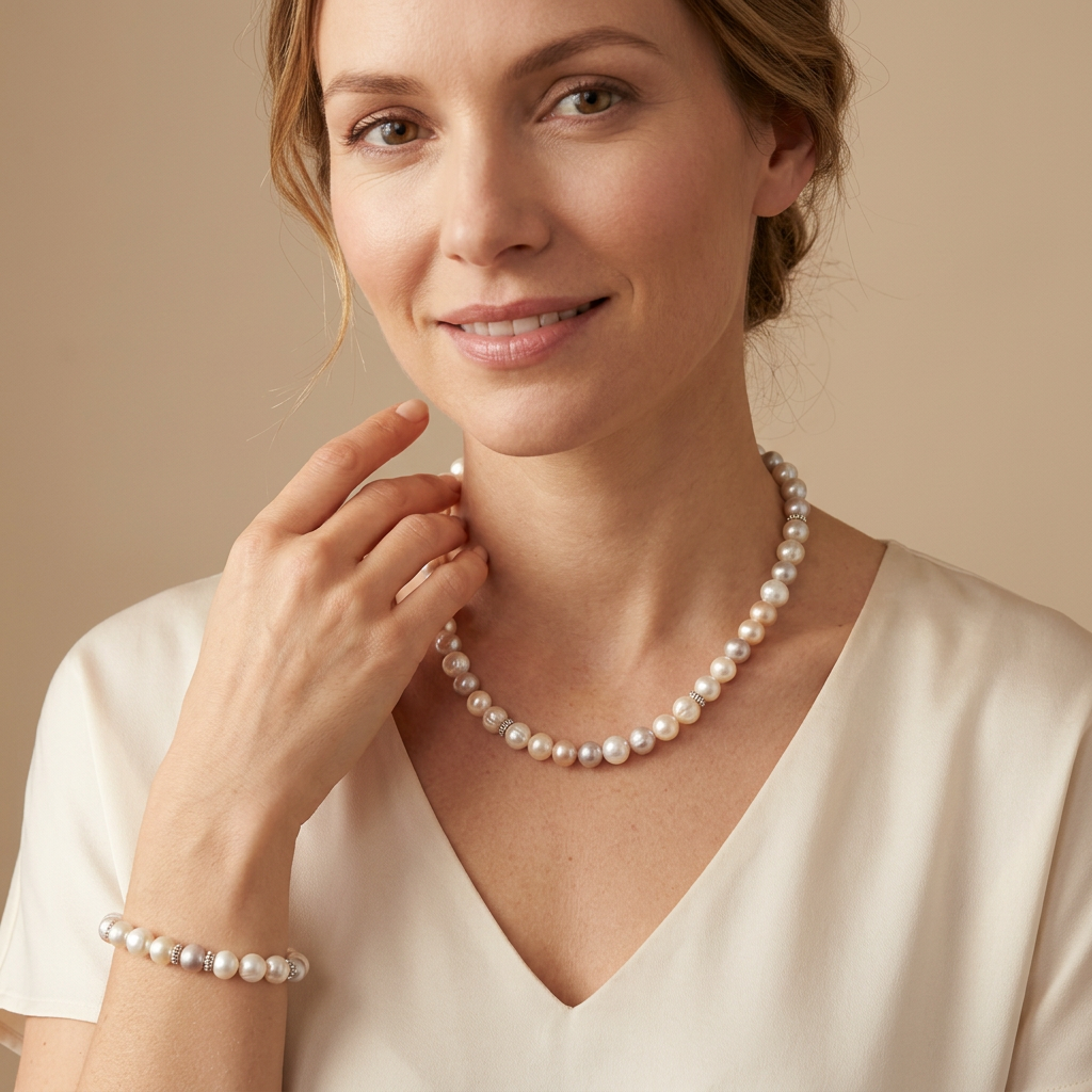 Süsswasserperlen-Halskette Multicolor mit Armband, 925 Silber-Spacer, Weiss-Rosé-Lavendel-Pfirsich