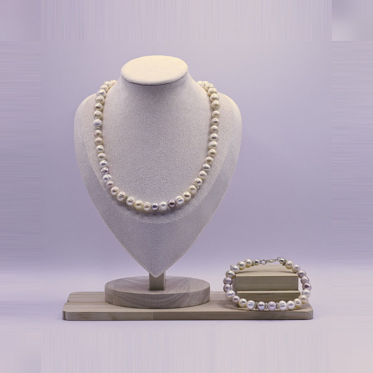 Süsswasserperlen-Halskette Multicolor mit Armband, 925 Silber-Spacer, Weiss-Rosé-Lavendel-Pfirsich
