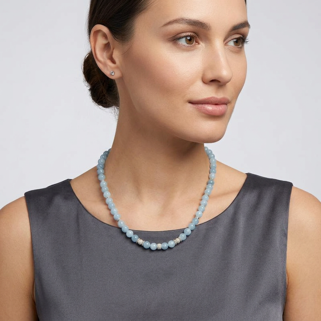 Aquamarin-Halskette mit hellblauen Kugeln, 925 Sterling Silber-Spacer und strukturierten Silberkugeln