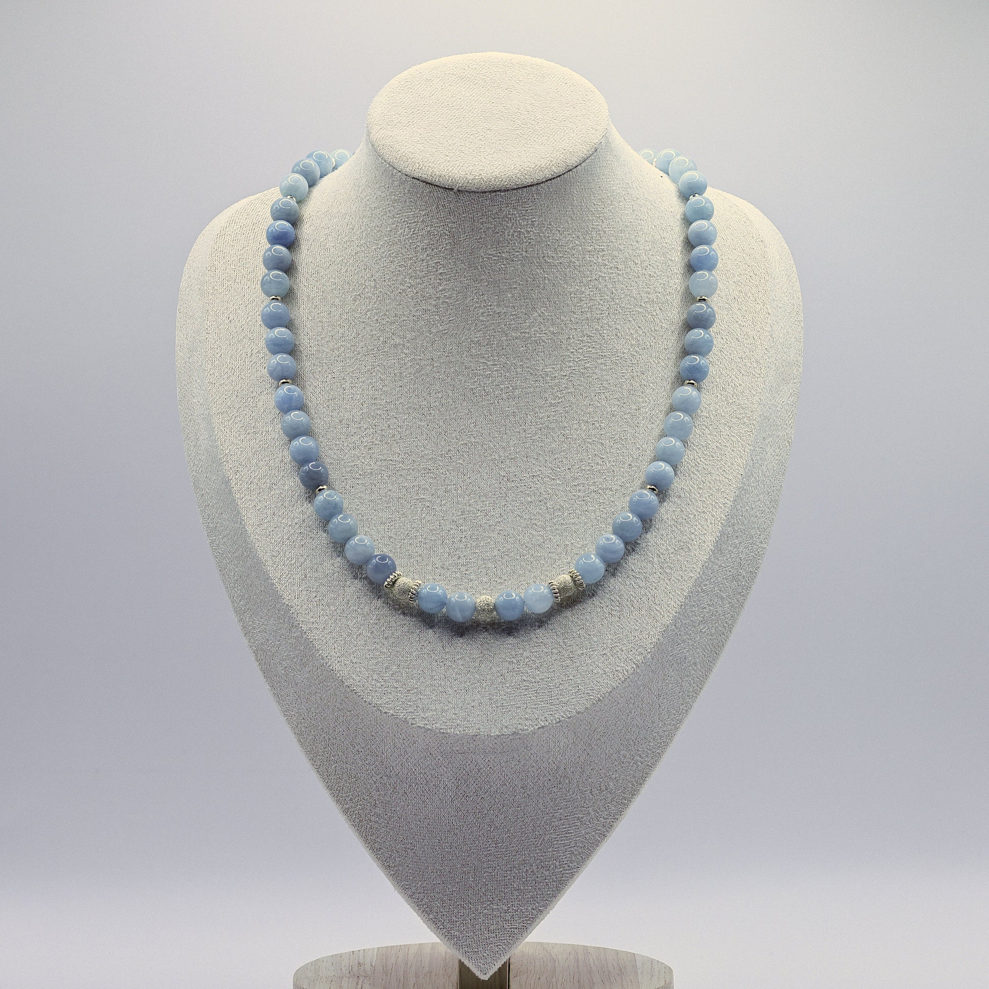 Aquamarin-Halskette mit hellblauen Kugeln, 925 Sterling Silber-Spacer und strukturierten Silberkugeln