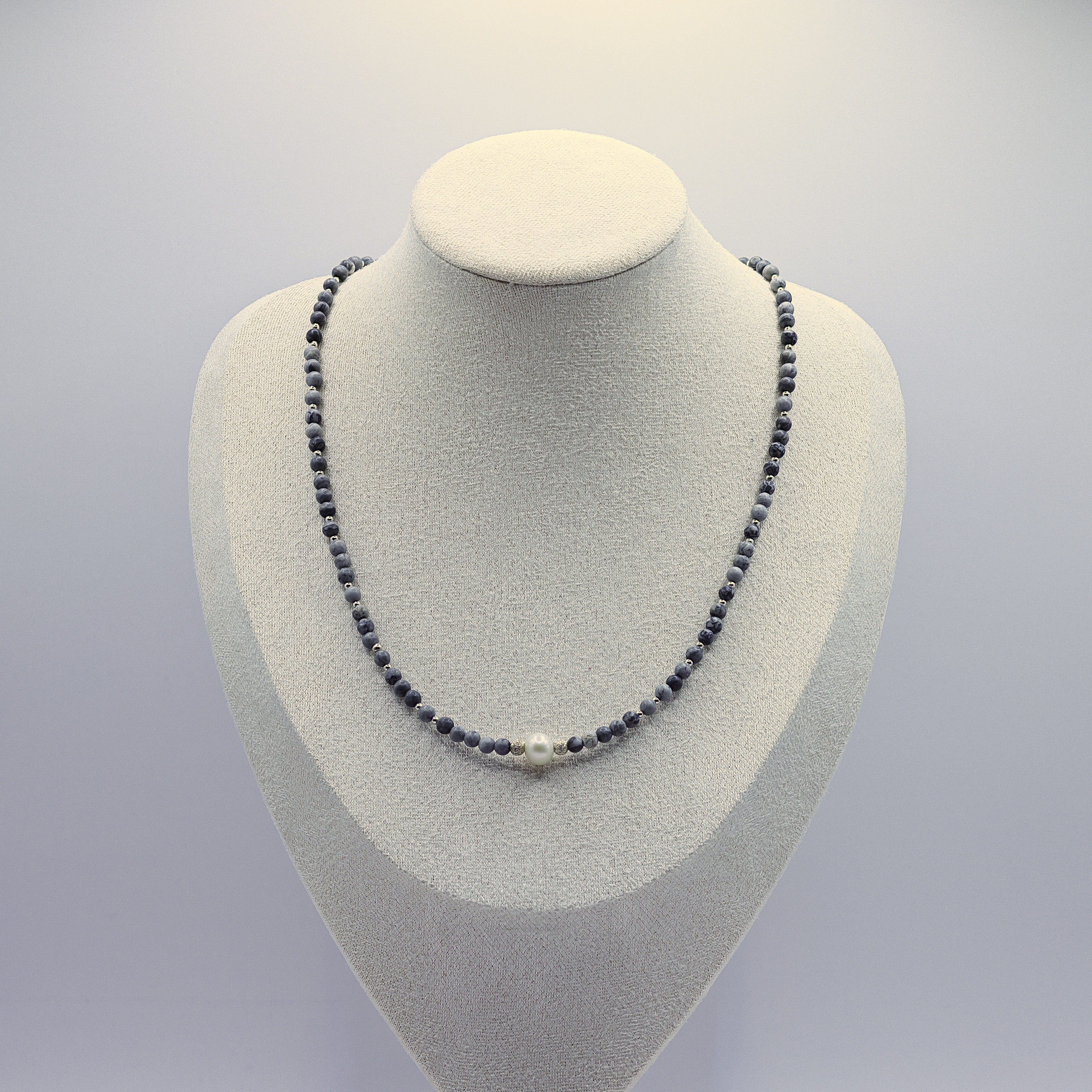Picassostein-Halskette mit weisser Süsswasserperle, 925 Sterling Silber