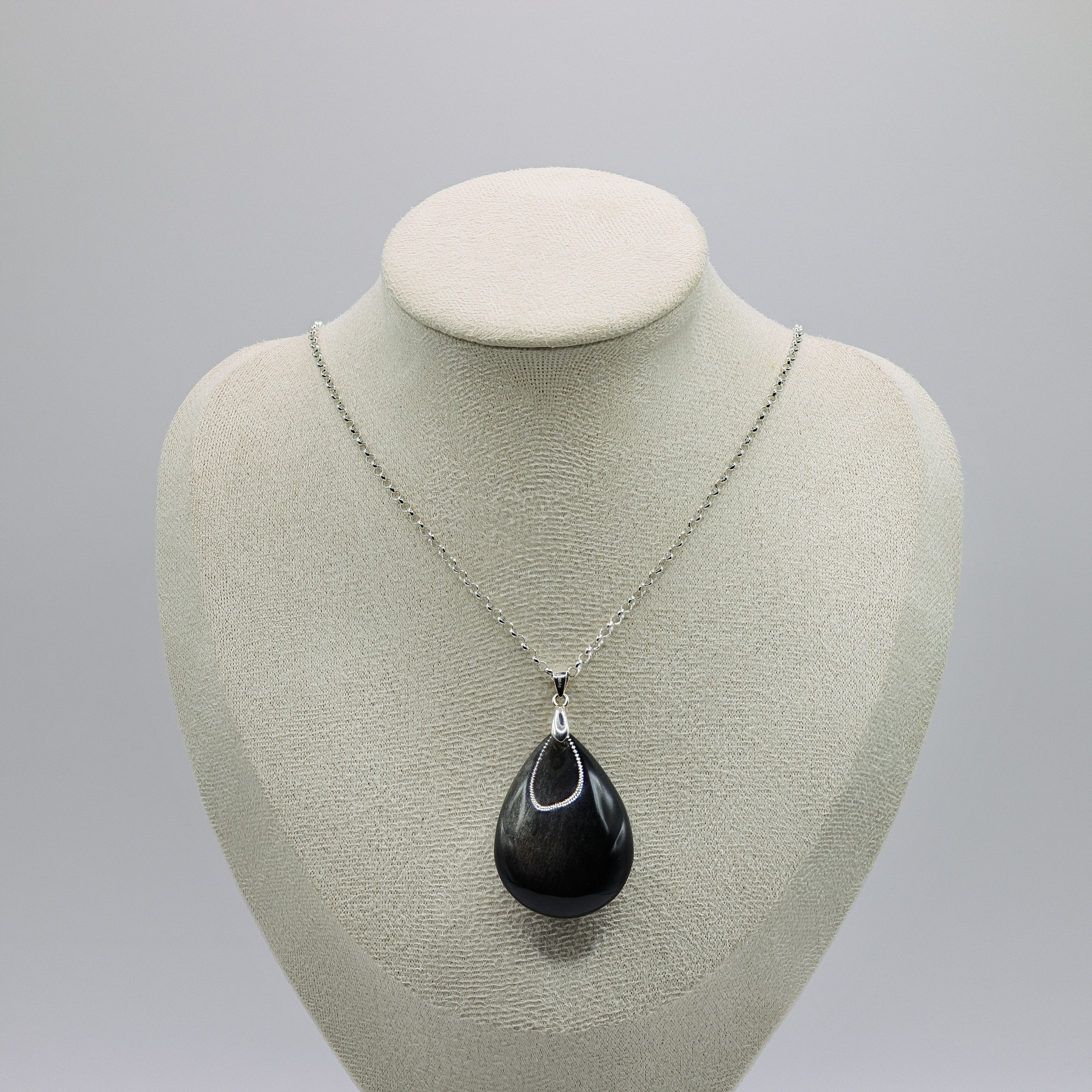 Obsidian-Tropfen-Halskette, 925 Sterling Silber, schwarzer Edelstein, 33 x 23 mm