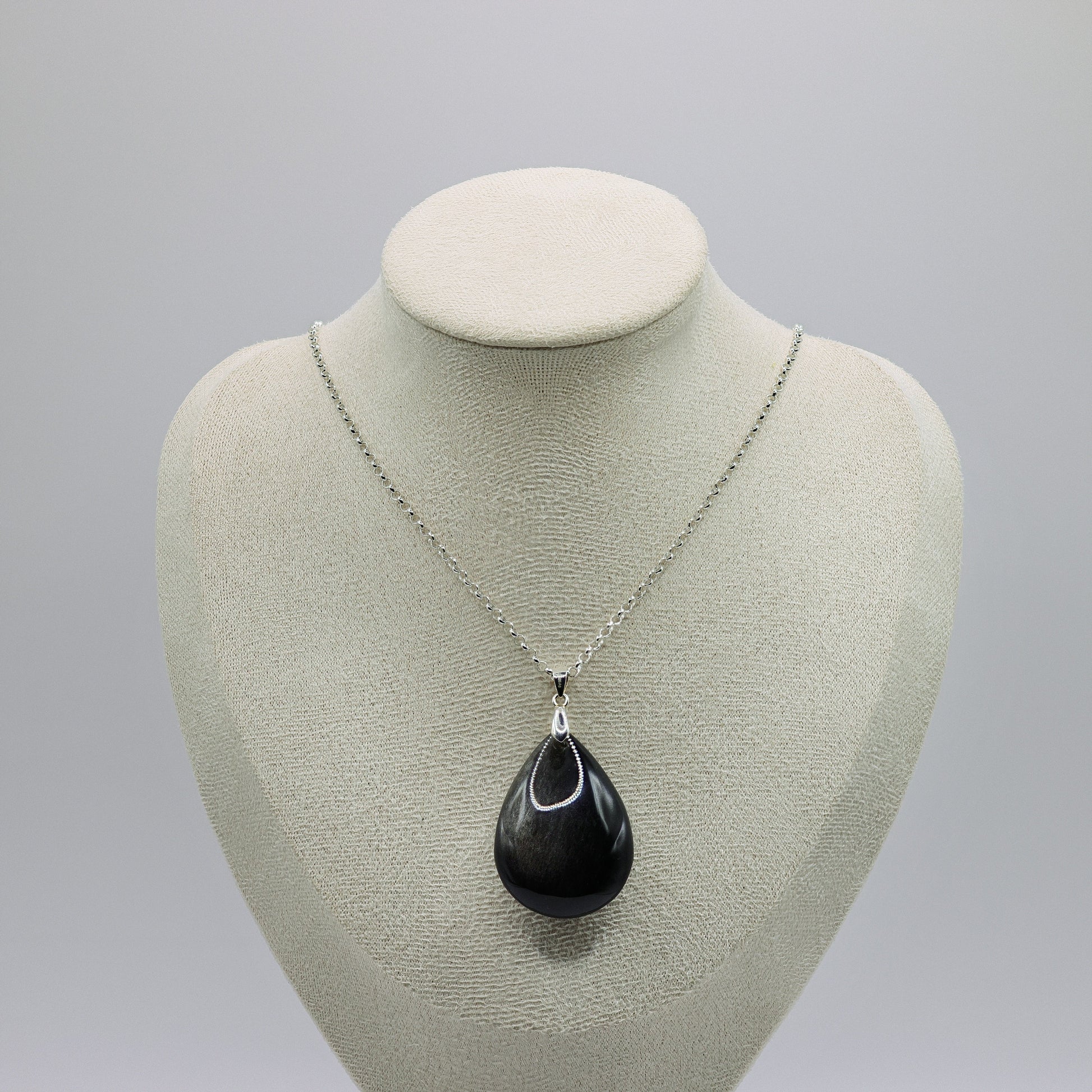 Obsidian-Tropfen-Halskette, 925 Sterling Silber, schwarzer Edelstein, 33 x 23 mm