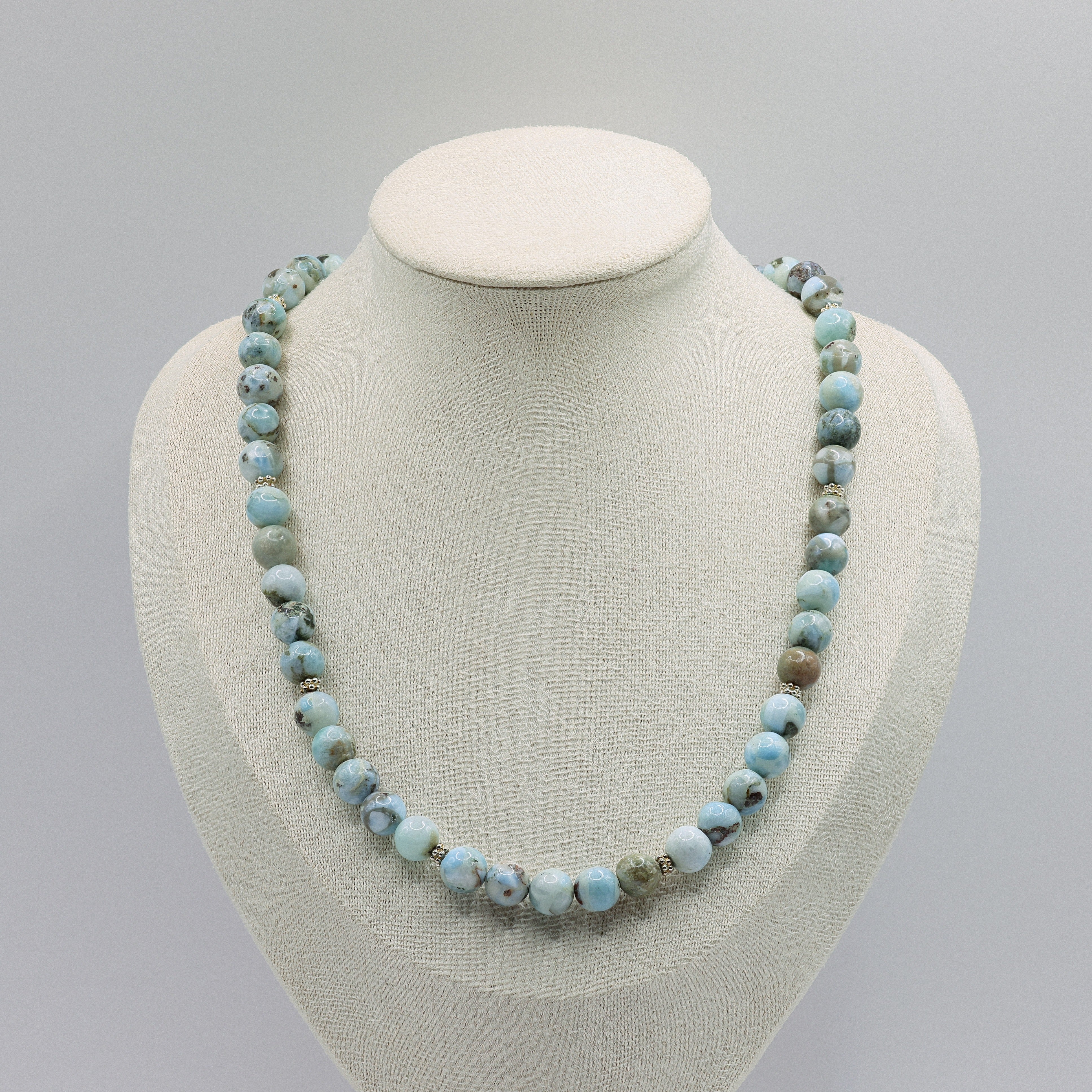 Larimar-Halskette mit 7mm glatt polierten Kugeln in Himmelsblau, 925 Sterling Silber