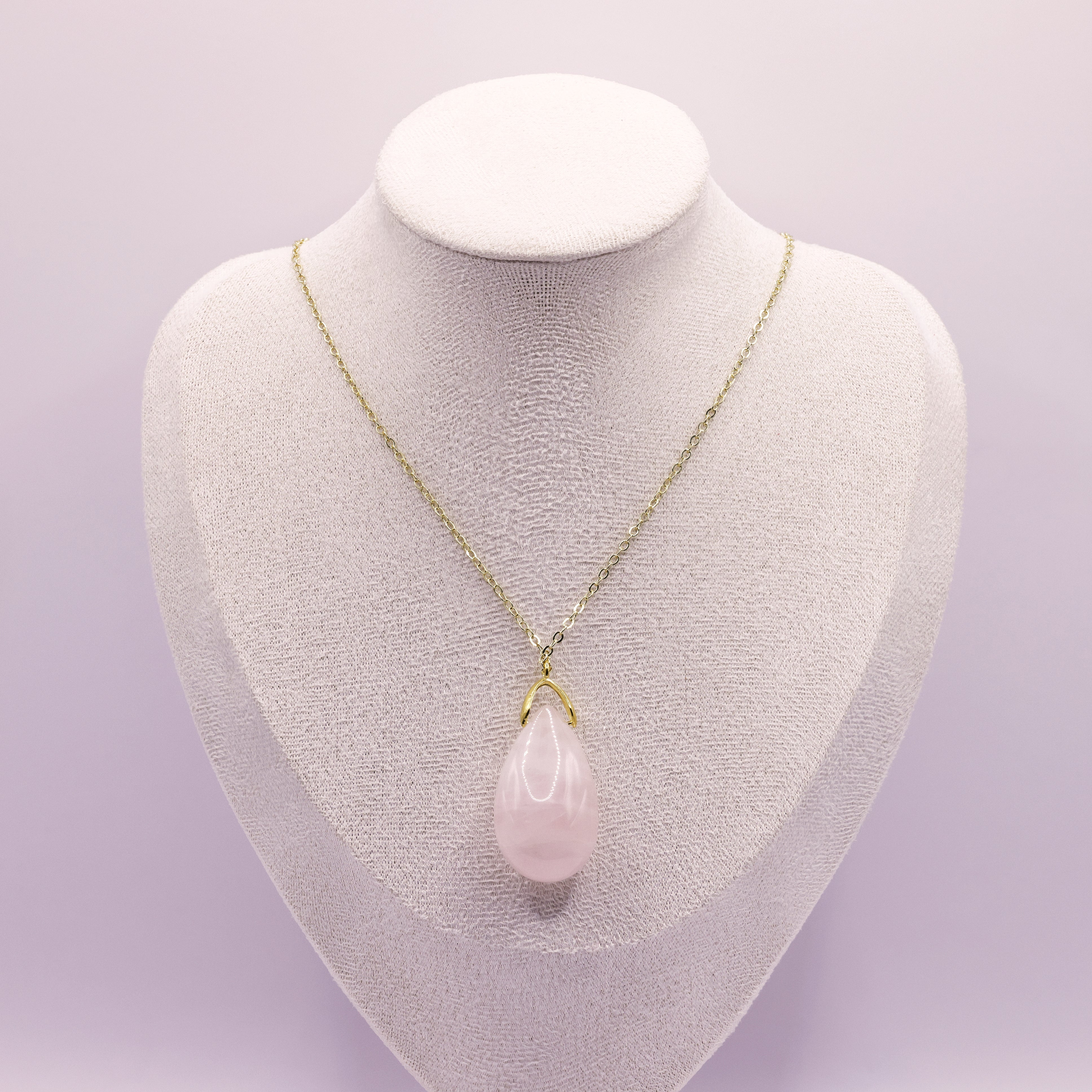 Rosenquarz Tropfen an vergoldre Sterling Silber Kette, zartes Rosa, lange Sautoir Halskette