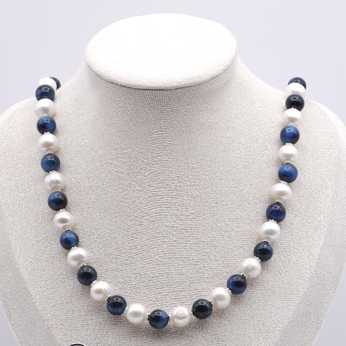 Tigerauge & Süsswasserperlen Halskette blau | 925 Sterling Silber