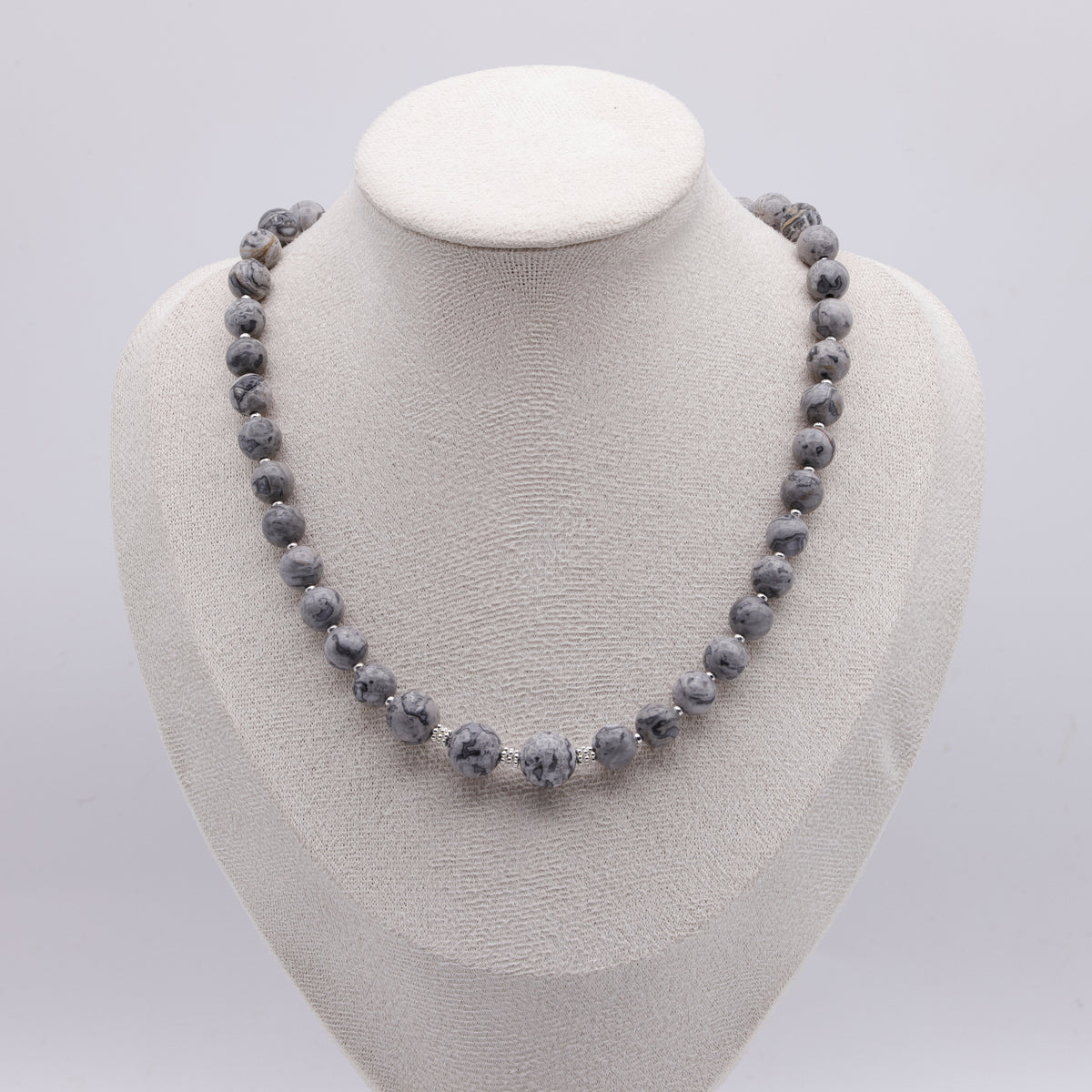 Picasso Jaspis Halskette grau mit Perlen-Akzenten | 925 Sterling Silber