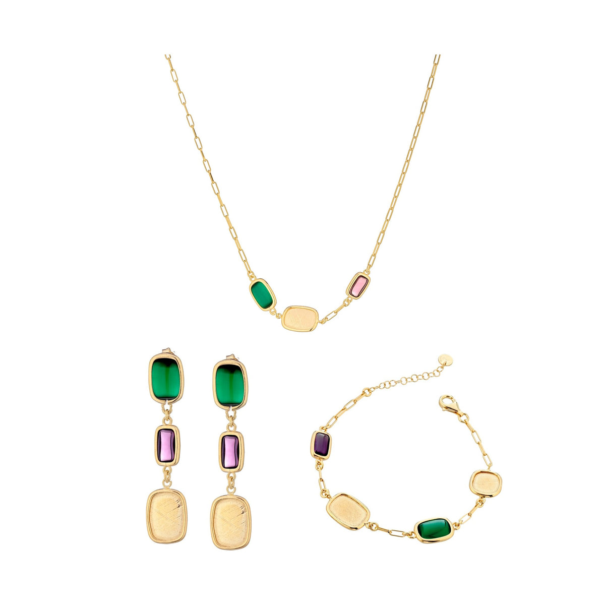 3-teiliges Marcello Pane Set – Halskette, Ohrhänger & Armband mit farbigen Cabochons | 925 Sterling Silber vergoldet