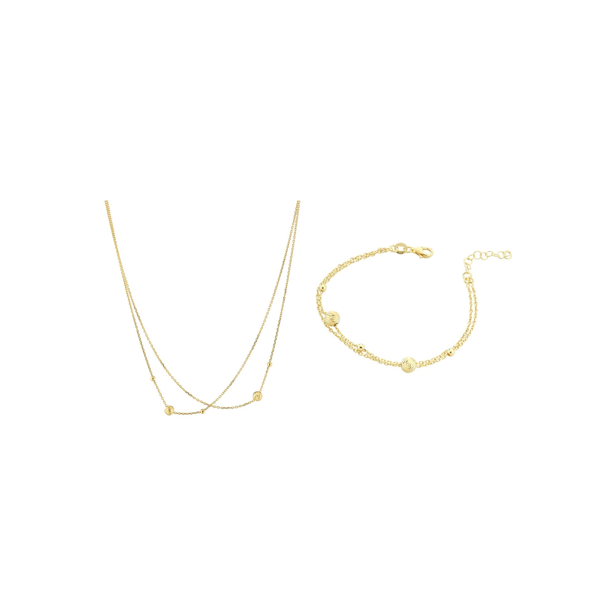 2-teiliges Marcello Pane Set – Halskette & Armband zweireihig mit Goldkügelchen | 925 Sterling Silber vergoldet