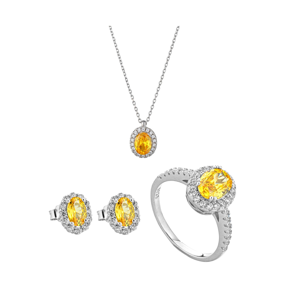 3-teiliges Marcello Pane Halo Set gelb – Halskette, Ohrstecker & Ring | 925 Sterling Silber