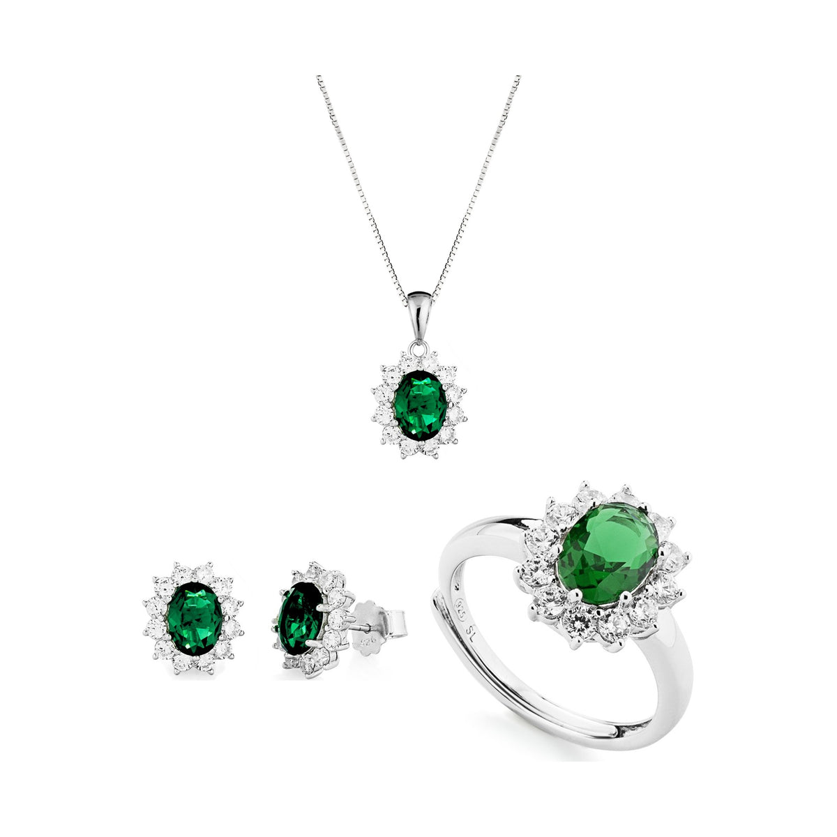 3-teiliges Marcello Pane Halo Set grün – Halskette, Ohrstecker & Ring | 925 Sterling Silber