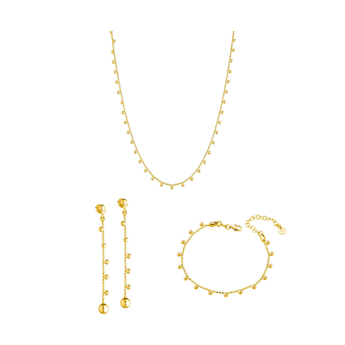 3-teiliges Marcello Pane Set Goldkügelchen – Halskette, Ohrhänger & Armband | 925 Sterling Silber