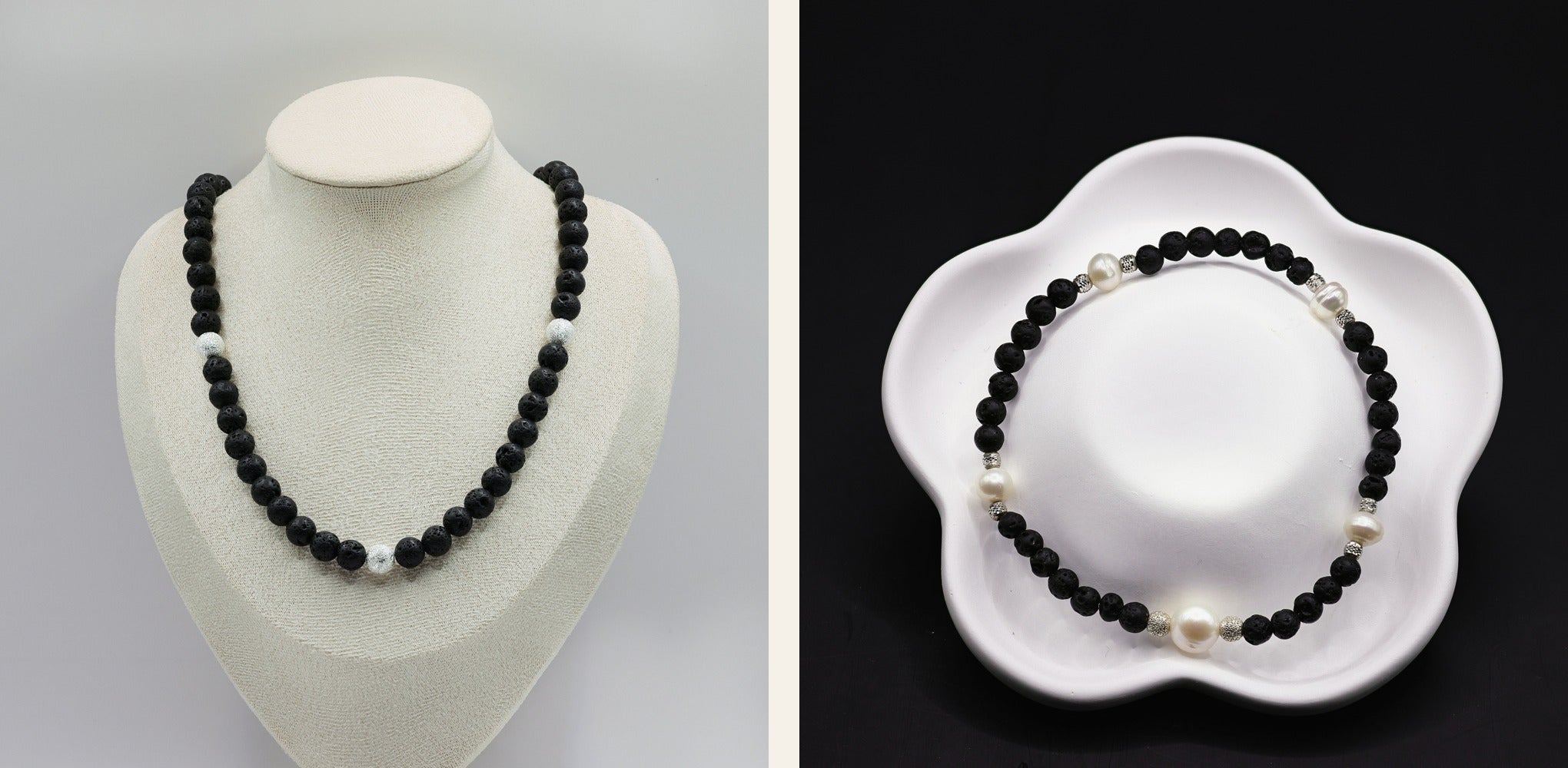 Lavastein-Set mit Perlen – Halskette & Armband | 925 Sterling Silber