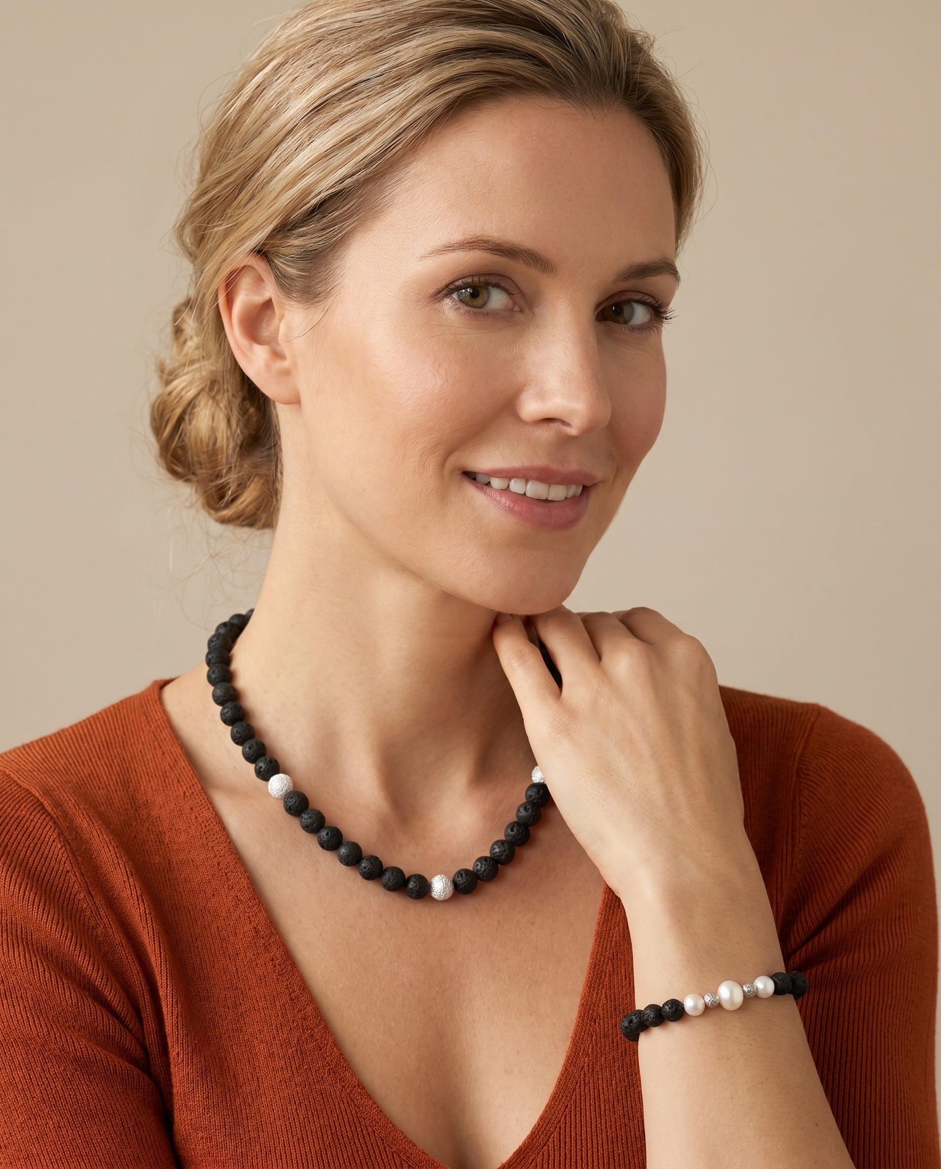 Lavastein-Set mit Perlen – Halskette & Armband | 925 Sterling Silber