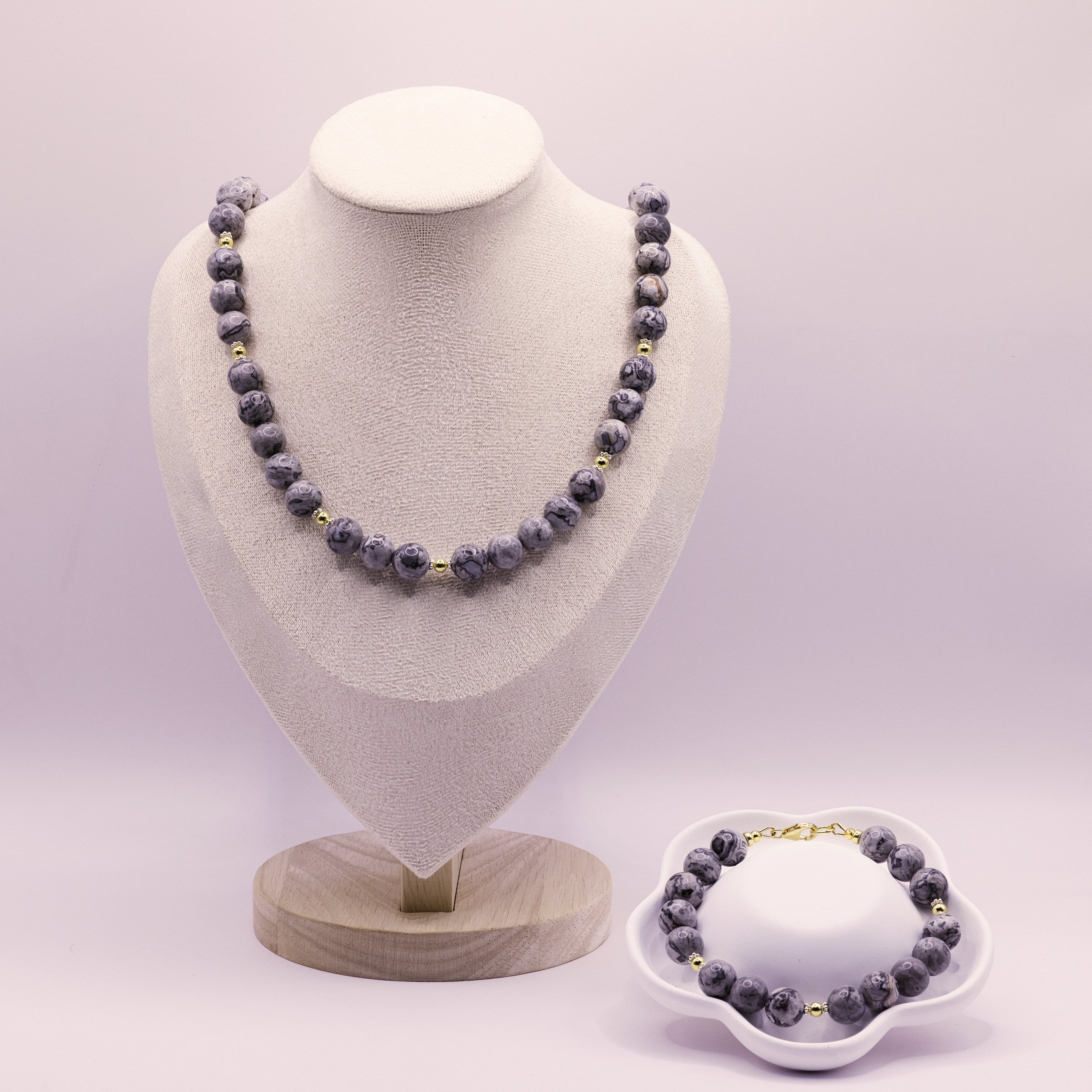 Picasso-Jaspis-Armband mit 10-mm-Kugeln, Gold- und Silberakzenten, 925er Silber vergoldet